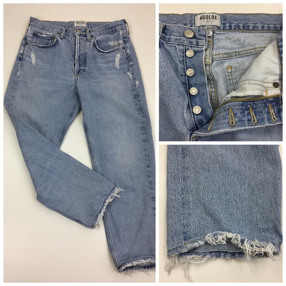 AGOLDE Light Wash Slouchy Look Distressed Raw Hem Button Fly 5 Pocket Jeans